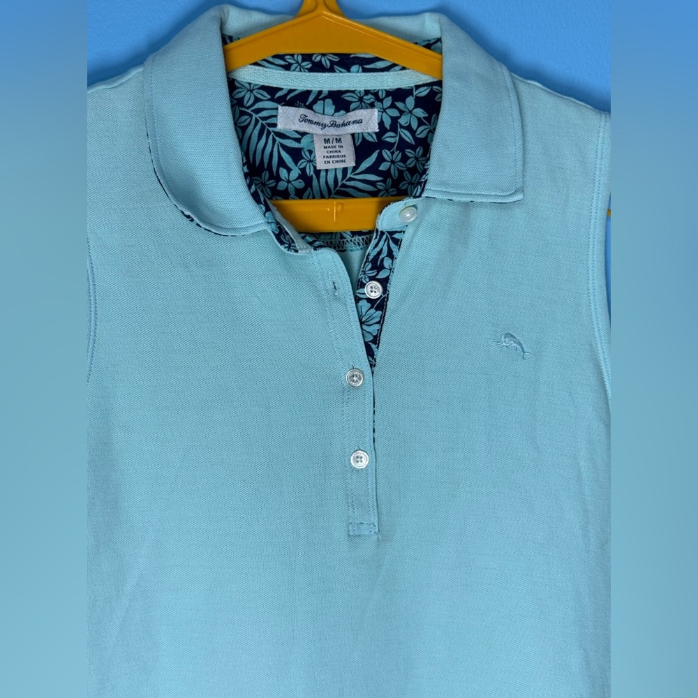 Tommy Bahama Women's Light Blue Sleeveless Pique
Polo Shirt with Floral Trim - Picture 8 of 10